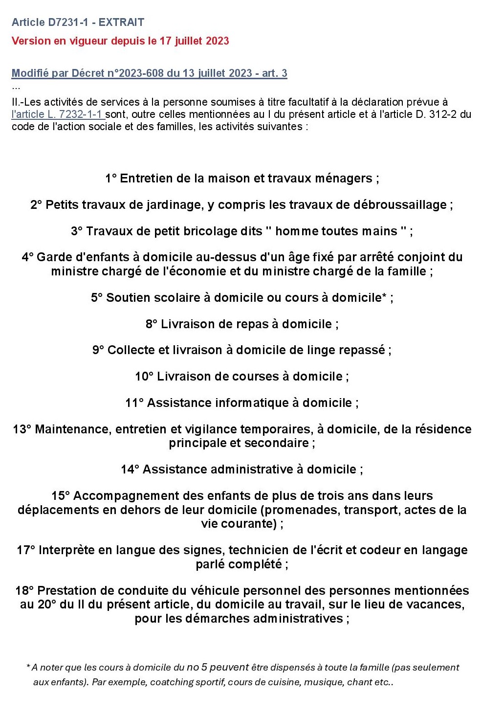 liste des activités de service à la personne